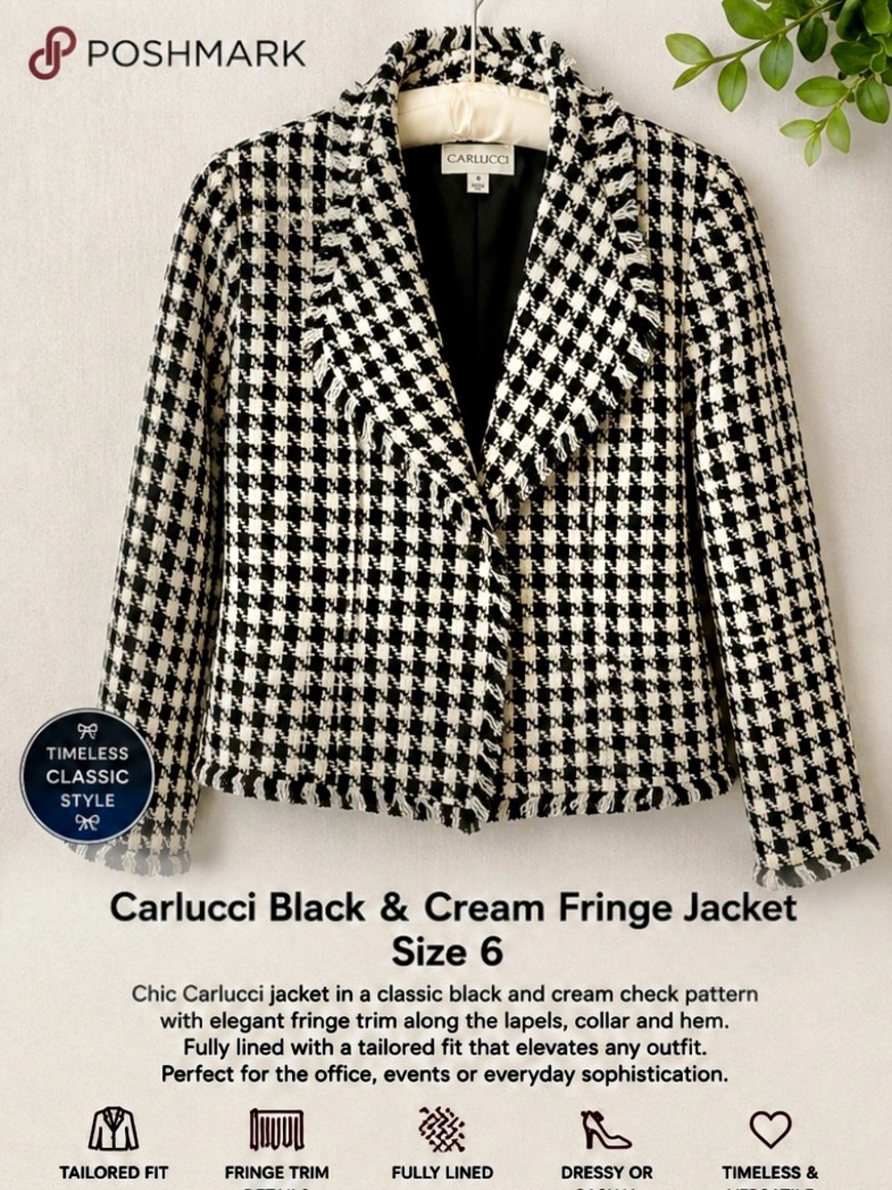 Carlucci Black Cream Check Fringe Blazer Jacket Size 6